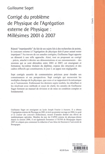 Corrigé du problème de physique de l'Agrégation externe de physique : millésimes 2001 à 2007