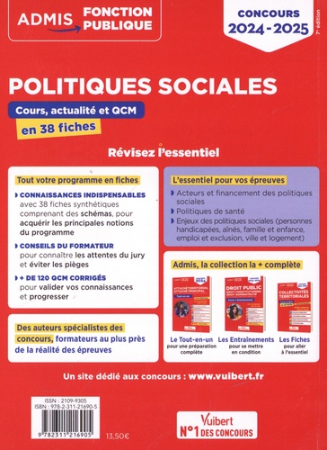 Politiques sociales, Catégories A et B. Cours, actualité et QCM en 38 fiches  Edition 2024-2025
