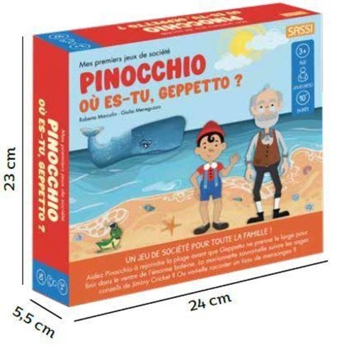 Pinocchio - Où es-tu, Geppetto ?. Avec 5 pièces d'or, une baleine 3D à construire, 2 pions en bois, 1 plateau de jeu, 1 grand dé en bois et un livre illustré