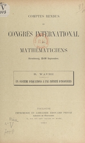 Un système d'équations à une infinité d'inconnues. Comptes rendus du Congrès international des mathématiciens, Strasbourg, 22-30 septembre