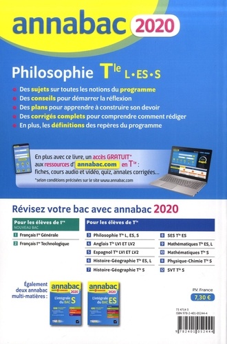 Philosophie Tle L, ES, S. Sujets et corrigés  Edition 2020
