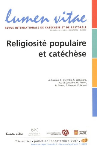 Philippe Bacq - Lumen Vitae Volume 62 N° 3, sept : Religiosité populaire et catéchèse.