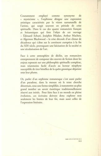 L'orphisme et le roman post-romantique. Edouard Schuré, Joséphin Péladan, Arthur Machen, Algernon Blackwood