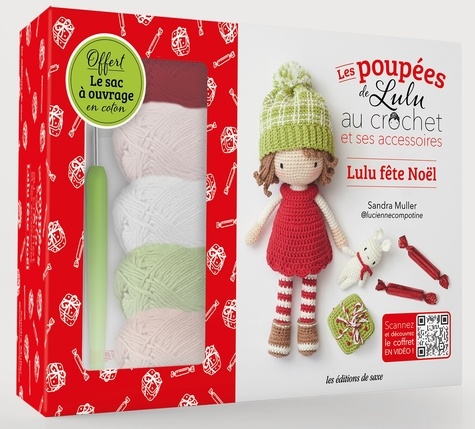 Les poupées de Lulu au crochet et ses accessoires, Lulu fête Noël. Coffret avec 5 pelotes, 1 crochet, de la ouate, du fil et 1 livret