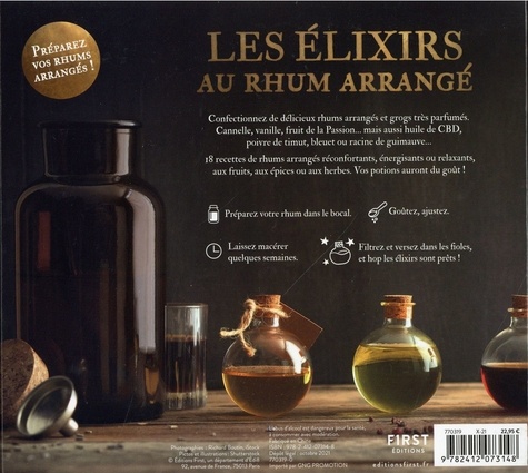 Coffret Les élixirs au rhum arrangé. Avec 1 bocal de 500 ml ; 4 fioles ; 1 entonnoir ; des étiquettes et des ficelles