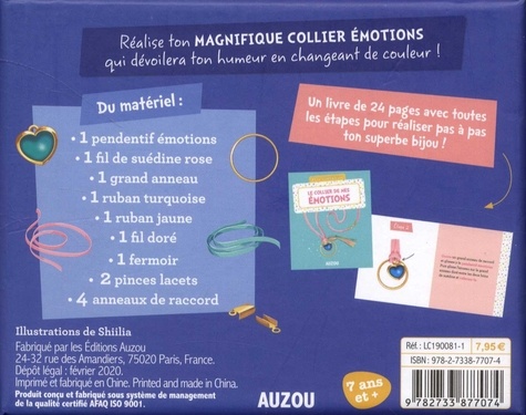 Le collier de mes émotions. Avec 1 pendentif émotions vert, 1 fil de suédine rose, 1 grand anneau, 1 ruban turquoise, 1 ruban jaune, 1 fil doré, 1 fermoir, 2 pinces lacet, 4 anneaux de raccord