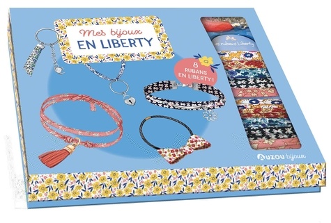 Mes bijoux en Liberty. Avec 1 livre explicatif, 8 rubans en liberty, des charms, 1 grand pompon, 1 anneau de porte-clés, 1 support à bague, des anneaux, des fermoirs et des pince-rubans  Edition 2021
