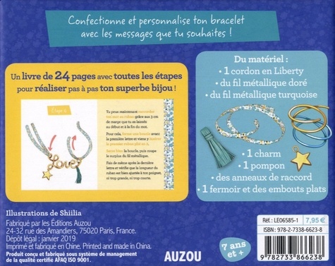 Mon joli bracelet personnalisé. Avec un livre de 24 pages, 1 cordon, du fil métallique doré, du fil métallique turquoise, 1 charm, 1 pompom, des anneaux et 1 fermoir