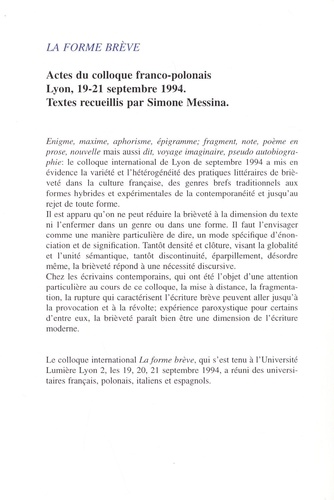 La forme brève. Actes du colloque franco-polonais, Lyon, 19-21 septembre 1994