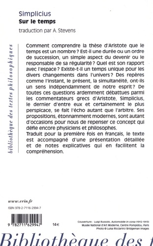 Sur le temps. Commentaire sur la Physique d'Aristote et Corollaire sur le temps