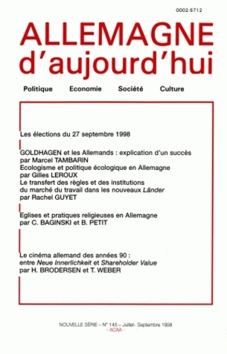  PU du Septentrion - Allemagne d'aujourd'hui N° 145, 3/1998 : Les élections du 27 septembre 1998.