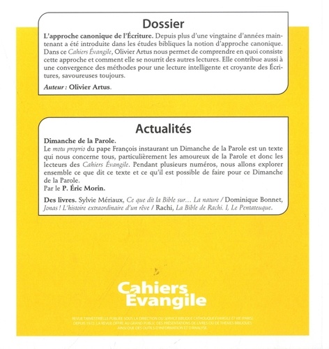 Cahiers Evangile N° 191, mars 2020 L'approche canonique de l'Ecriture