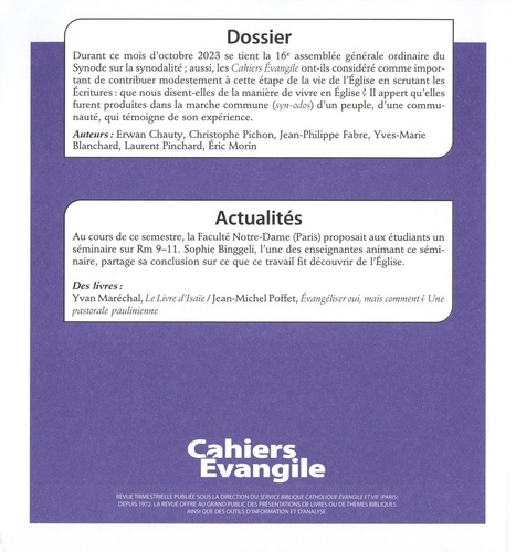 Cahiers Evangile N° 205, septembre 2023 Lire la Bible pour vivre le synode