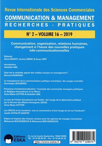 Communication et management Volume 16 N° 2/2019 Communication, organisation, relations humaines, changement à l'heure des nouvelles pratiques info-communicationnelles