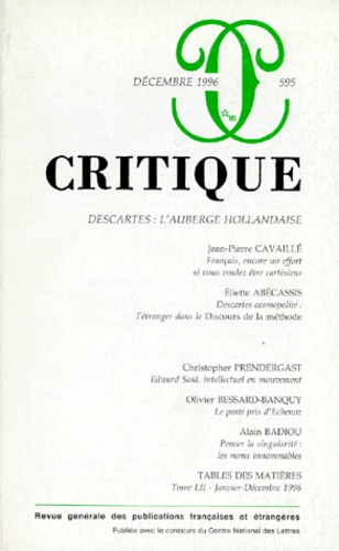  Auteurs divers - Critique N° 595, Décembre 1996 : DESCARTES : L'AUBERGE HOLLANDAISE.