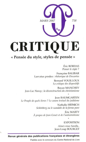 Eric Bordas et Françoise Balibar - Critique N° 718, Mars 2007 : "Pensée du style, styles de pensée".