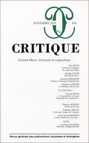 Critique N° 870, novembre 2019 Gérard Macé, écrivain et colporteur