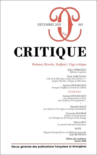 Critique N° 883, décembre 2020 Rohmer, Rivette, Truffaut : l'âge critique