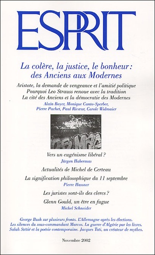  Esprit - Esprit N° 289 Novembre 2002 : La colère, la justice, le bonheur : des Anciens aux Modernes.