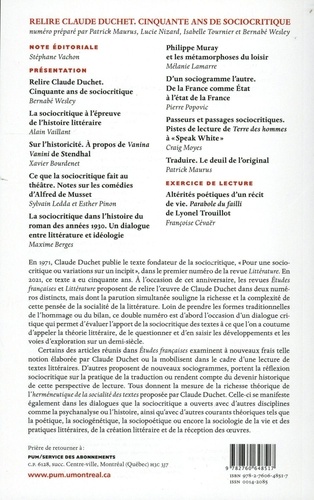 Etudes françaises Volume 58 N° 3/2022 Relire Claude Duchet. Cinquante ans de sociocritique