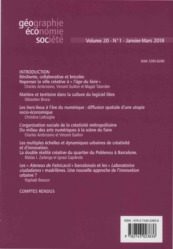 Géographie, économie, société Volume 20 N°1, janvier-mars 2018 Sociétés urbaines et cultures numériques