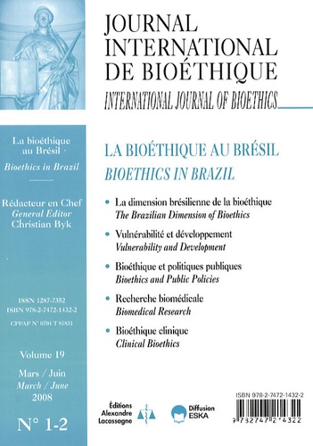 Christian Byk - Journal International de Bioéthique Volume 19 N° 1-2, Ma : La bioéthique au Brésil.