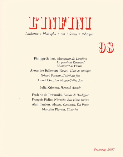 Philippe Sollers et Alexandre Bellemare-Neveu - L'Infini N° 98, Printemps 200 : .
