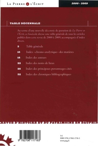 La Pierre et l'Ecrit  Table décennale 2000-2009. 10 années de parution