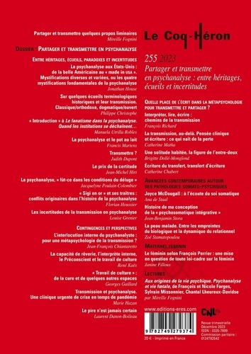Le Coq-Héron N° 255, décembre 2023 Partager et transmettre en psychanalyse : entre héritages, écueils et incertitudes