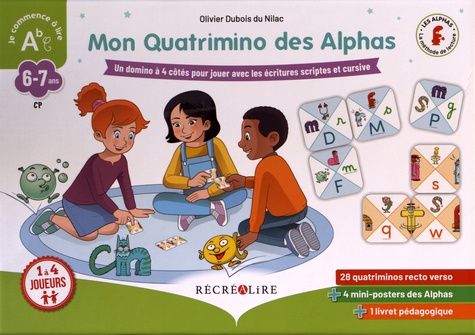 Mon Quatrimino des Alphas - Un domino à 4 côtés pour jouer avec les écritures scriptes et cursives. Avec un livret de conseils pédagogiques et règles du jeu