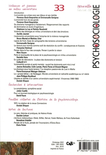 Nouvelle revue de psychosociologie N° 33, printemps 2022 Violences et passions en milieu universitaire