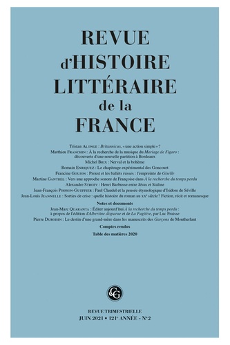 Revue d'histoire littéraire de la France N° 18, juin 2021