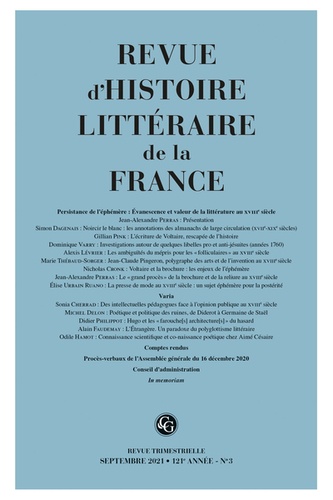 Revue d'histoire littéraire de la France N° 3, septembre 2021