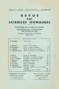  PU du Septentrion - Revue des Sciences Humaines N° 89, 1/1958 : Centenaire de la mort de Musset. Centenaire de la publication des Fleurs du Mal..