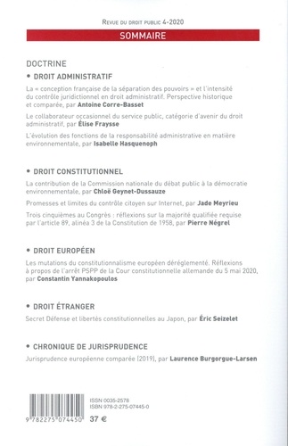 Revue du droit public et de la science politique en France et à l'étranger N° 4, juillet-août 2020