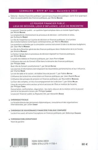 Revue française de finances publiques N° 164, novembre 2023 Le pouvoir financier public : lieux de décision, lieux d'influence, lieux de rencontre