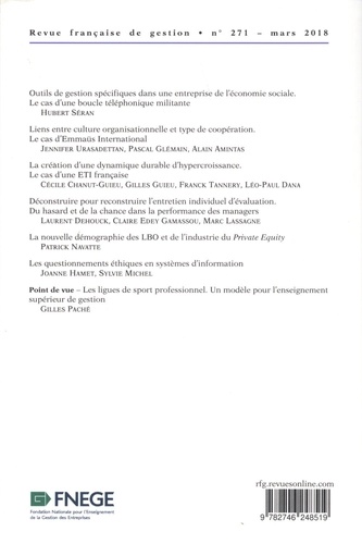 Revue française de gestion N° 271, mars 2018 Sciences, techniques et pratiques de gestion