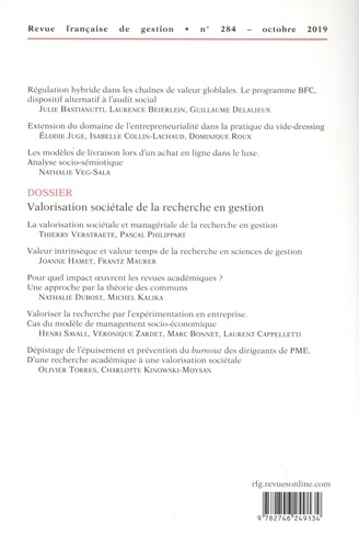 Revue française de gestion Volume 45 N° 284, Octobre 2019 Valorisation sociétale de la recherche en gestion