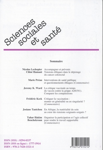 Sciences Sociales et Santé Volume 35 N° 4, décembre 2017