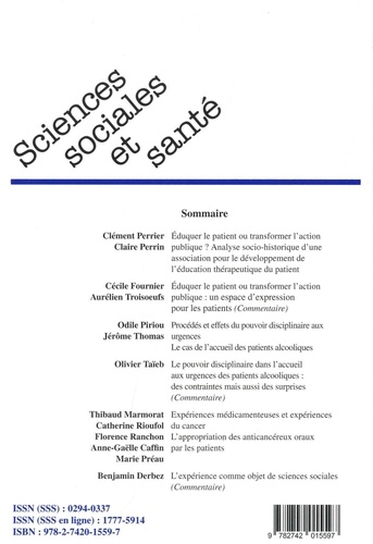 Sciences Sociales et Santé Volume 36 N° 2, juin 2018