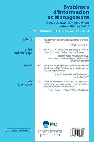 Systèmes d'Information et Management Volume 27. 2022/4 Artirev. IA & marchés de plateformes. Atmosphère d'un site marchand