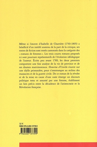 Trois romans d'Isabelle de Charrière. Lettres neuchâteloises, Lettres de Lausanne, Honorine d'Userche