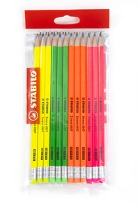 12 crayons graphite hb stabilo swano avec bout gomme - coloris fluo