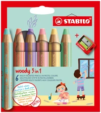 6 crayons multi-talents STABILO woody 3 in 1 + 1 taille-crayons - Coloris pastel