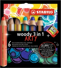 6 crayons multi-talents STABILO woody 3 in 1 ARTY + 1 taille-crayon - Coloris pastel