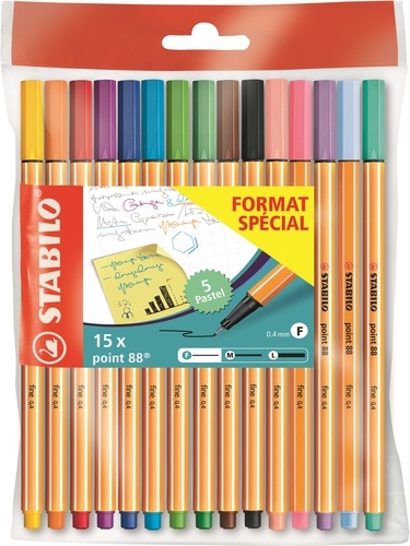 ECOPACK X 15 STABILO POINT 88 FORMAT SPECIAL - COLORIS ASSORTIS DONT 5 PASTEL