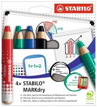 Etui carton x 4 crayons marqueurs stabilo markdry + 1 taille-crayon + 1 chiffon