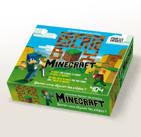 Escape box Minecraft. Contient : 1 livret, 40 cartes, 1 bande-son de 45 minutes, 1 poster