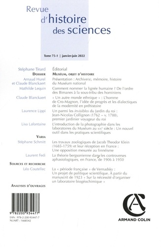 Revue d'histoire des sciences N° 75-1, janvier-juin 2022 Muséum, objet d'histoire