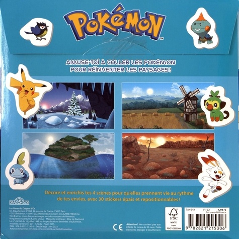 Pokémon. 30 stickers épais repositionnables, 4 décors à compléter